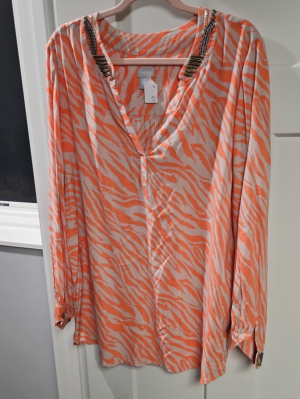 Chico's Coral and Cream Zebra-Print V-Neck Tunic with Beaded Neckline